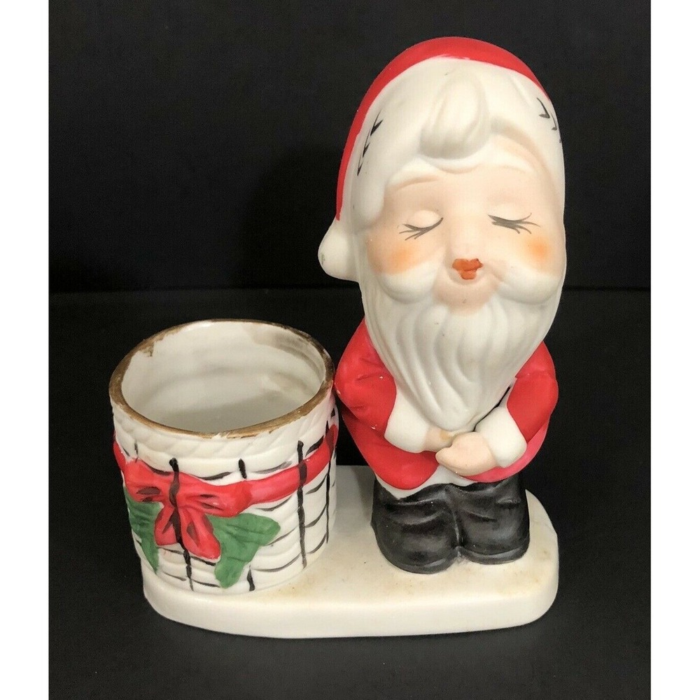 Jasco Christmas Candle Holder Bisque Porcelain Holiday Luskins Santa 1976 Vtg